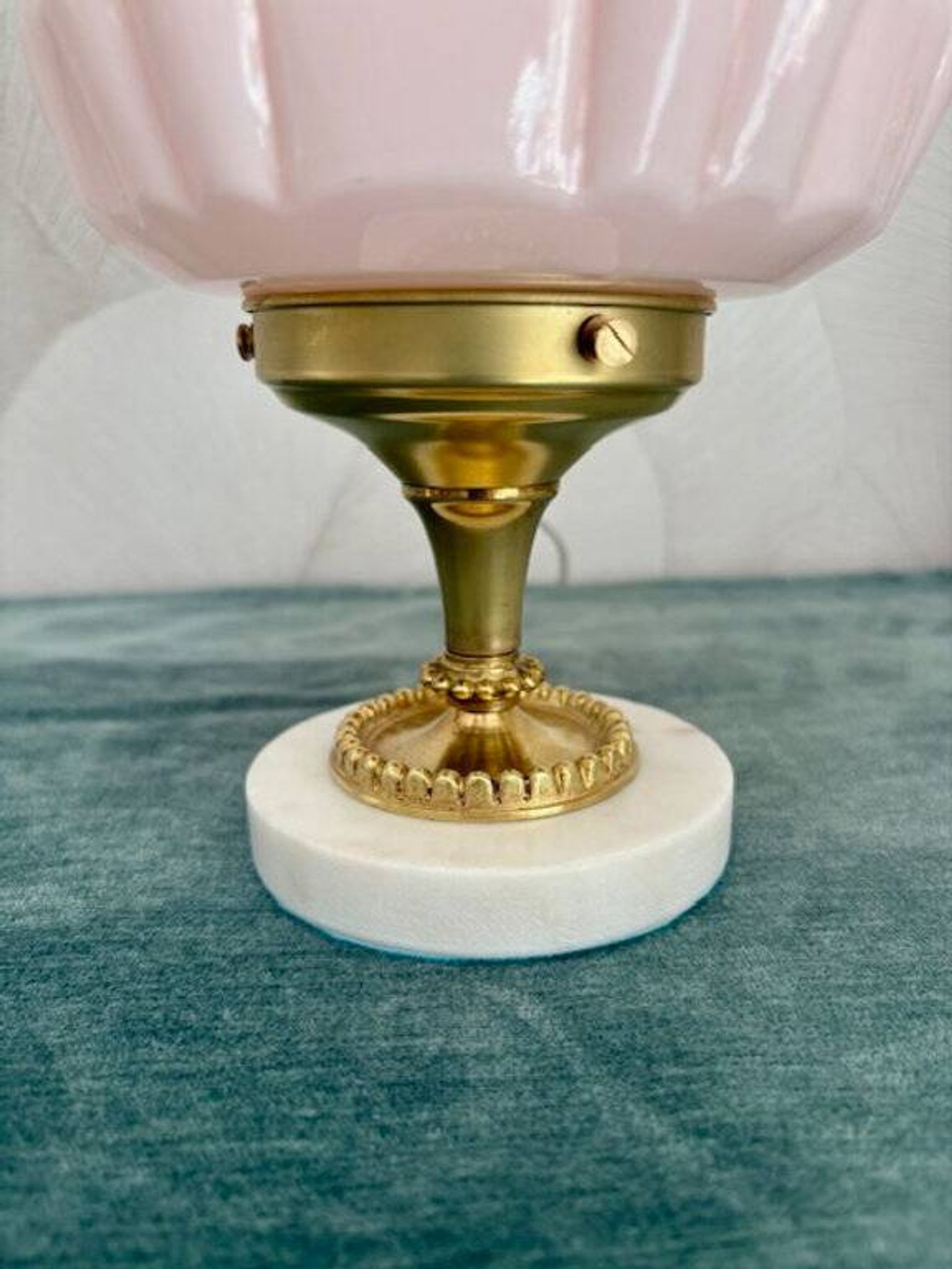 Art Deco lamp with pastel pink opaline globe.