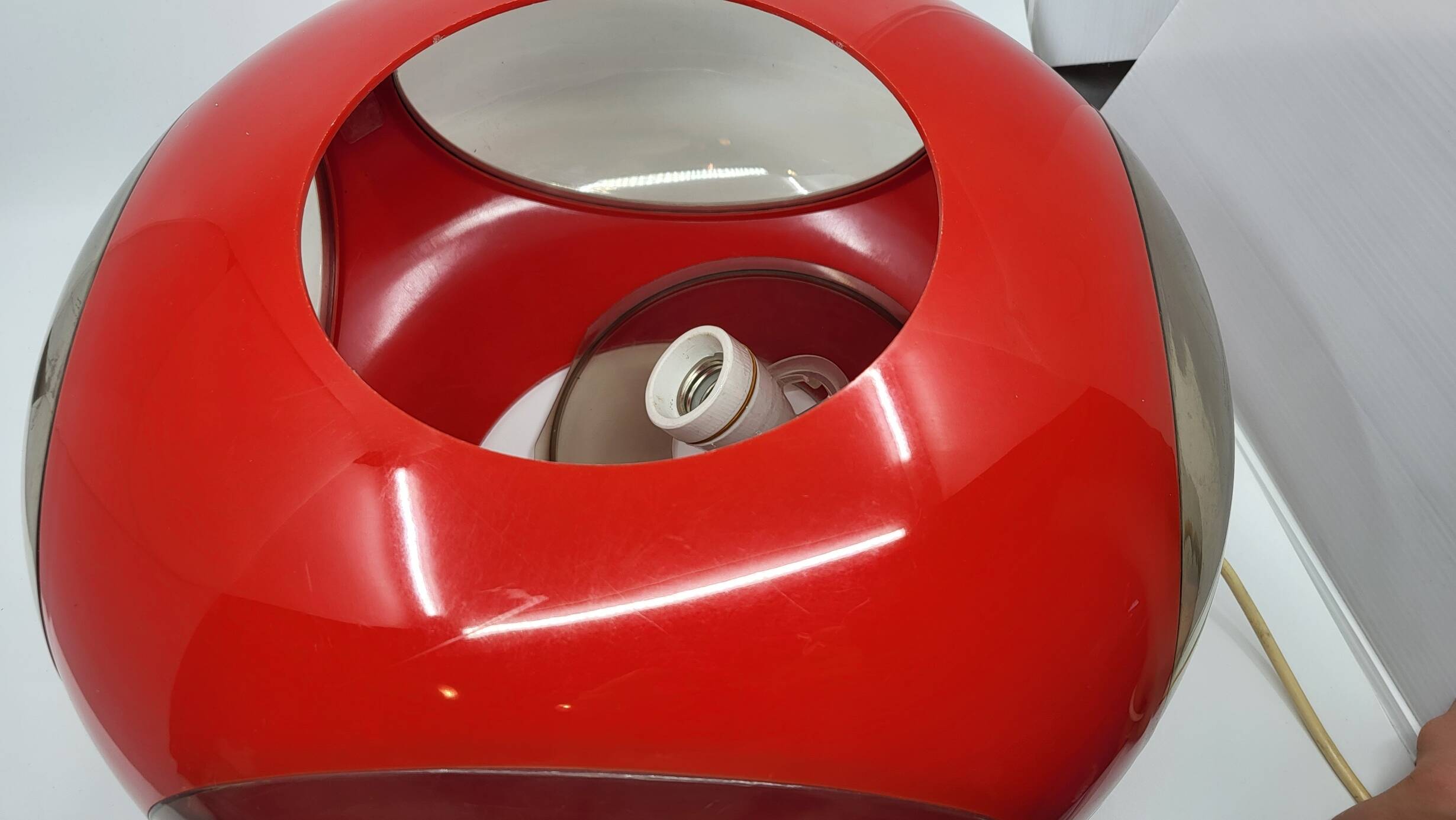 Massive Belgium red plexiglass UFO Space Age pendant light, 1970