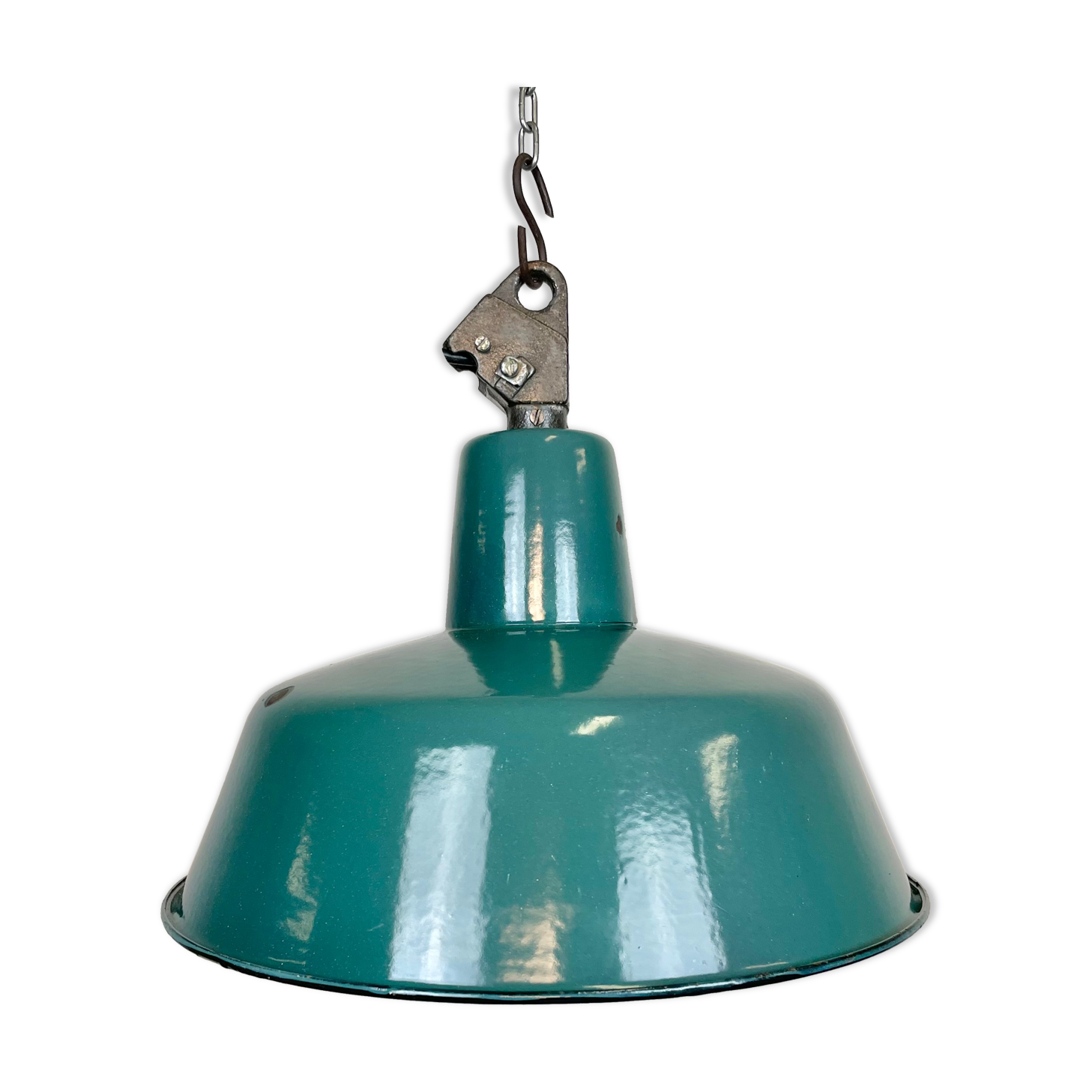 Industrial Green Enamel Factory Lamp with Cast Iron Top, 1960s