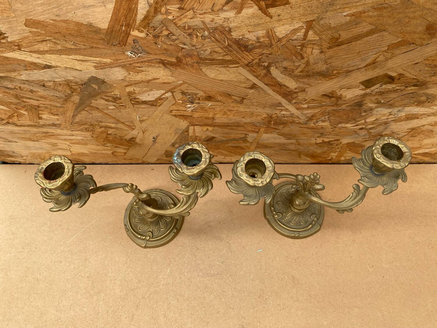 Antique Pair Of Vintage Brass Double Candlestick Holders