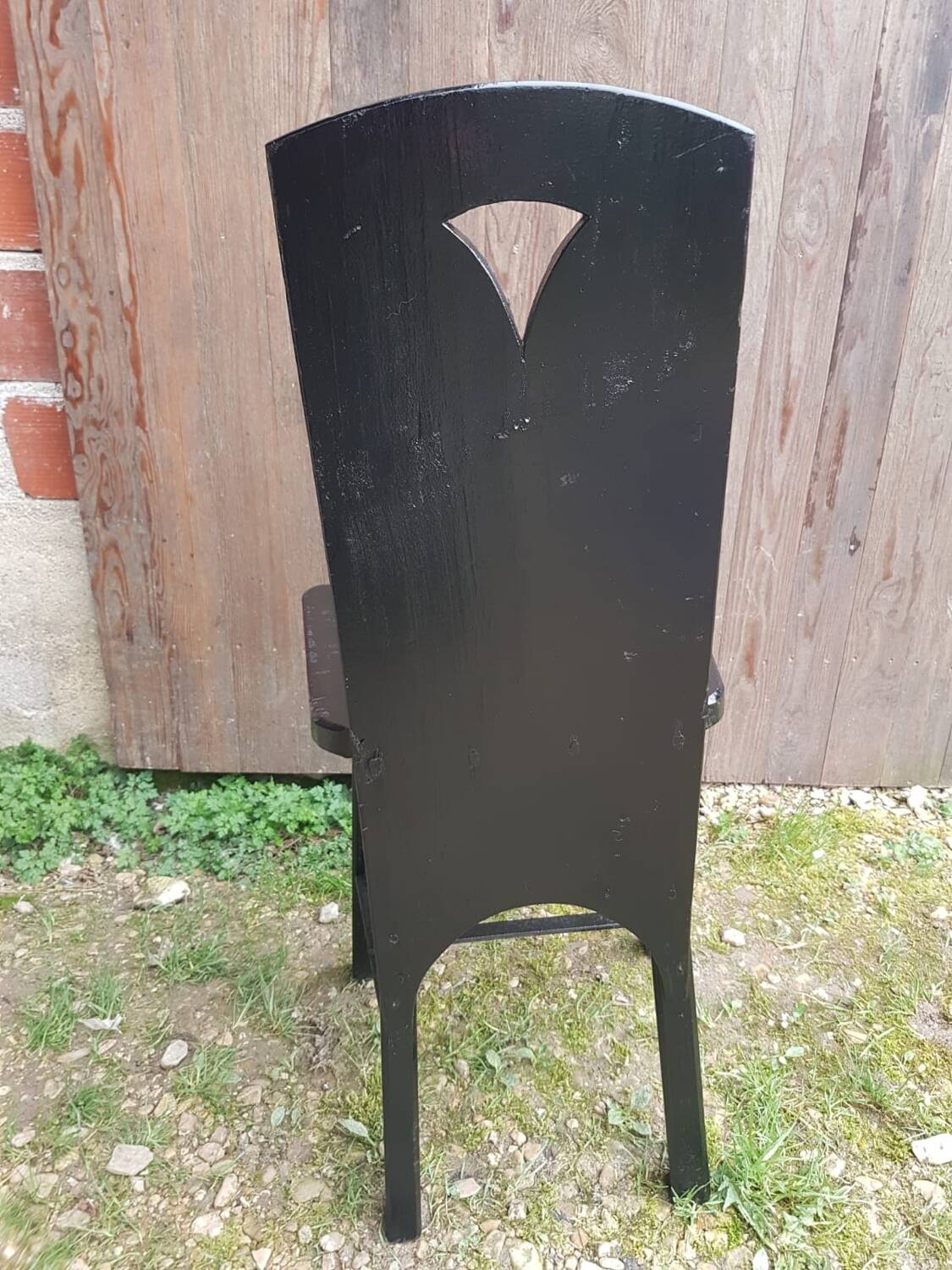 Old Alsatian mountain chair black wood back openwork shape vintage #a662