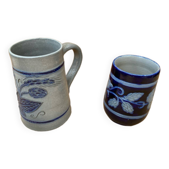 Pair of beer steins betschdorf schmitter alsace stoneware grey blue decor vintage