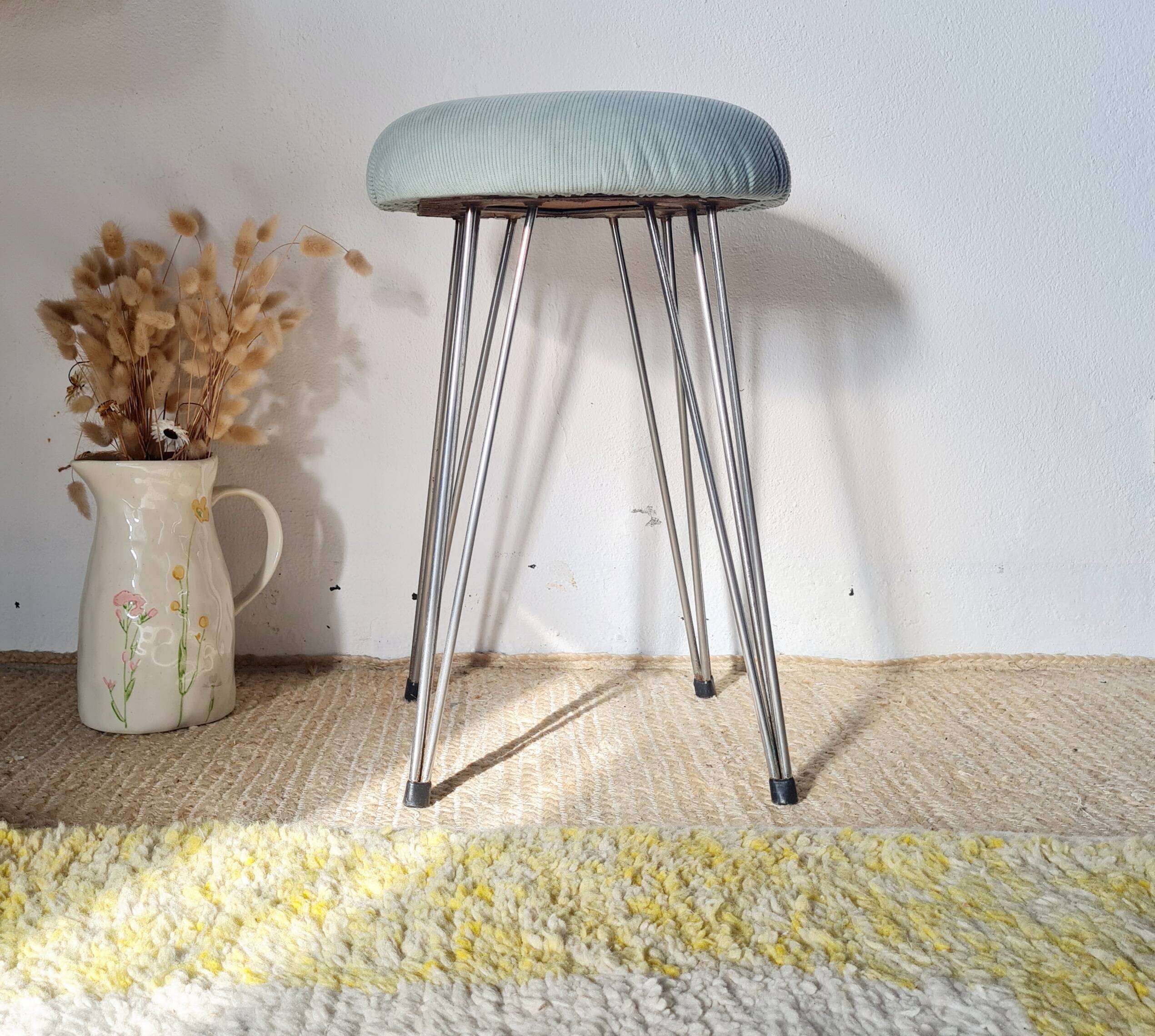 Vintage 1950s stool, metal tapered legs and velvet.