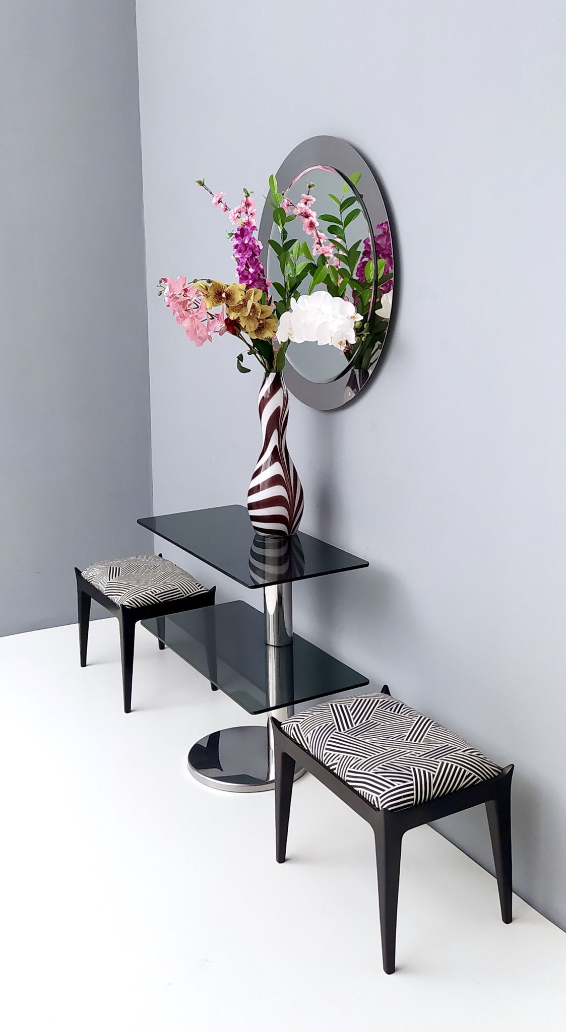 Postmodern Chromed Metal Console Table with Two Smoked Glass Shelves, Italy