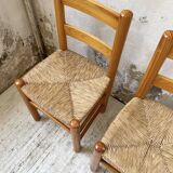 Pair of straw and pine chairs, mountain furniture