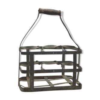 Holder 6 bottles in galvanized metal/zinc and wooden handle