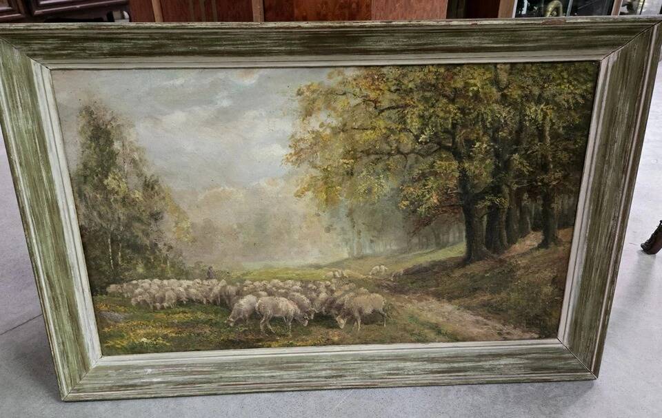 Oil on canvas depicting a flock of sheep.