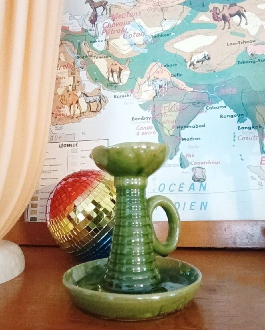 vintage green enameled ceramic candle holder