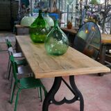 Industrial table solid oak tray and cast-iron footing