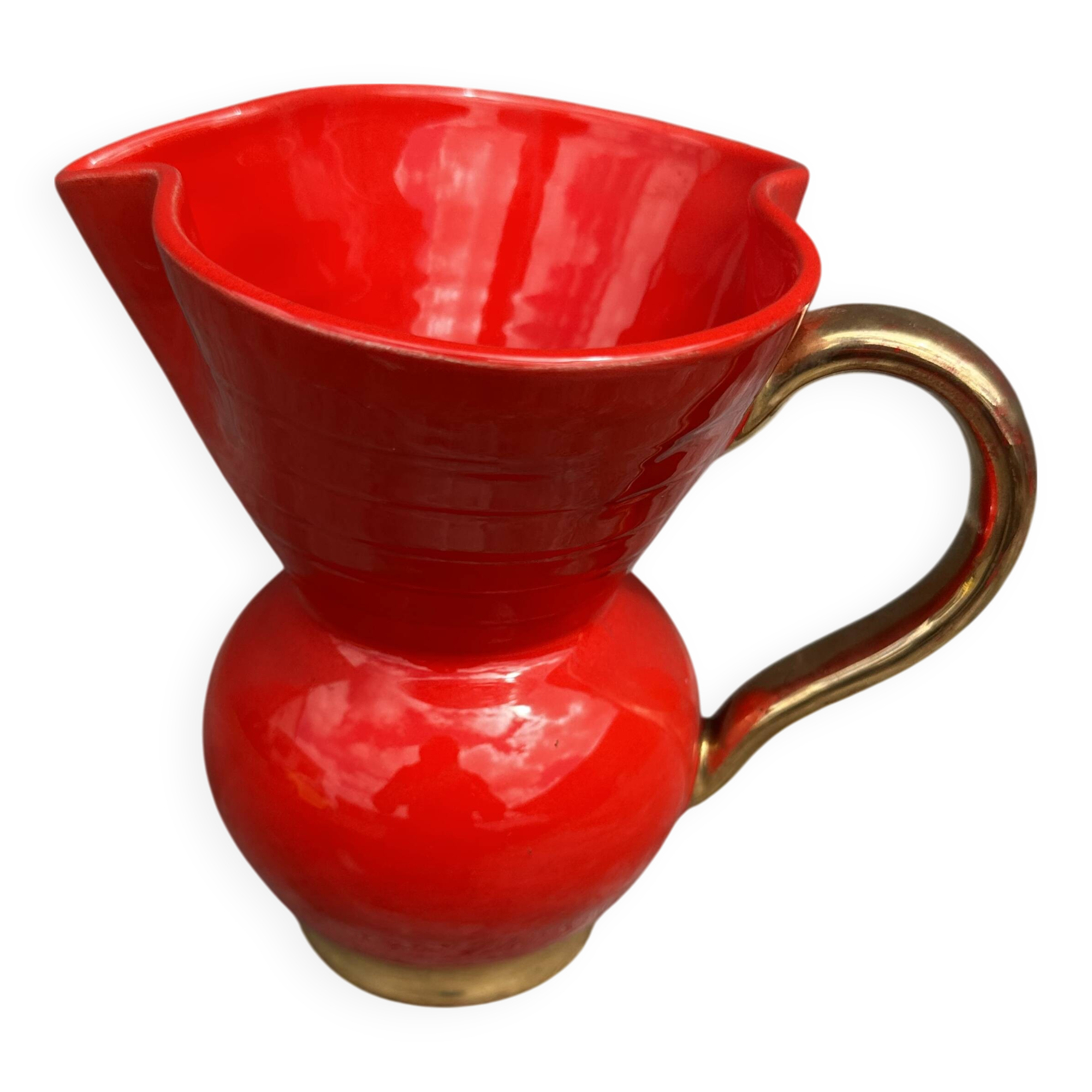Red Pitcher Vase with Gold Accents Attributed to André Baud - Vallauris