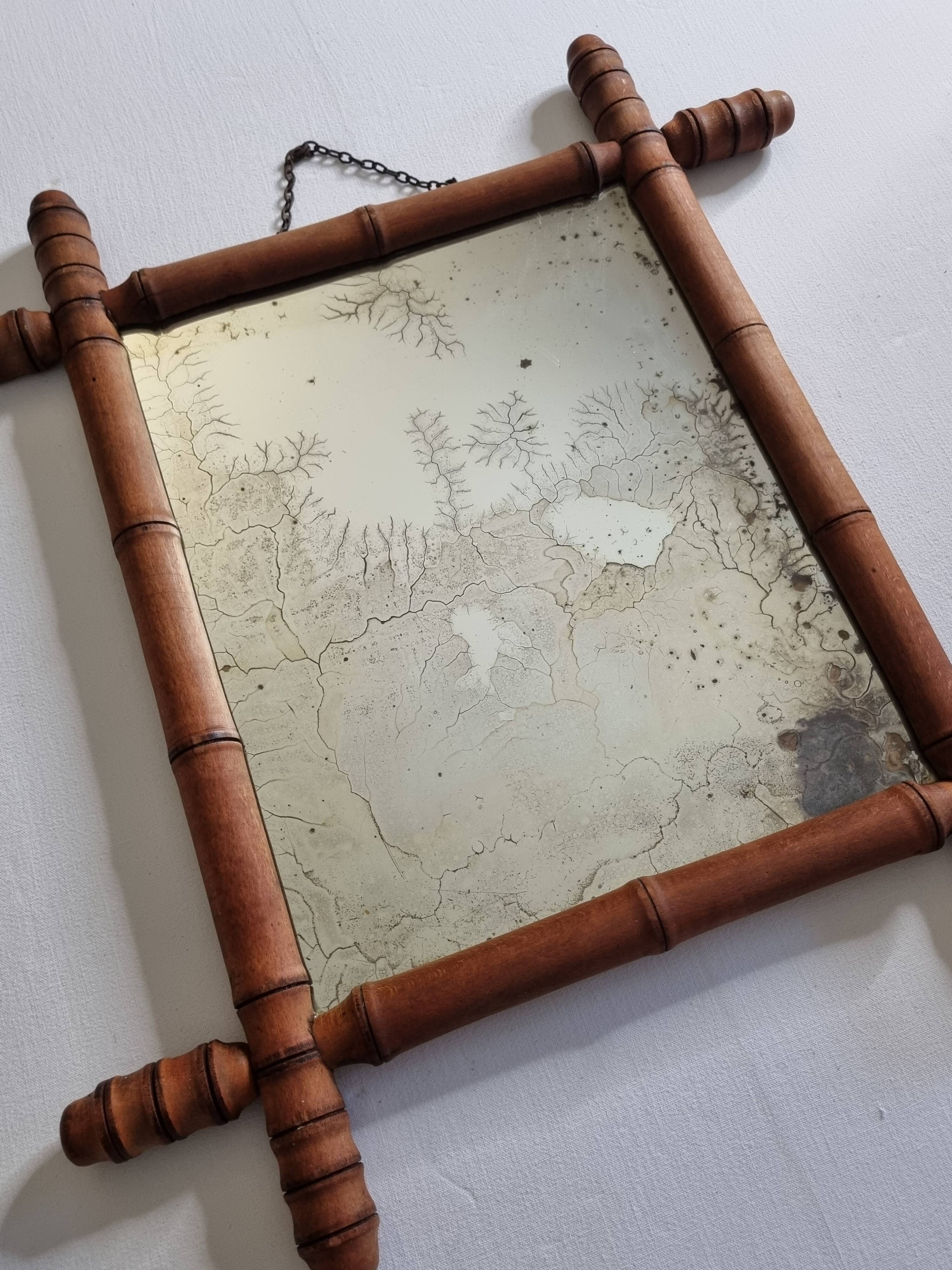 Antique mirror in turned wood imitating bamboo, 43 x 49 cm