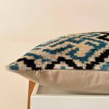 Ikat cushion in blue and black velvet