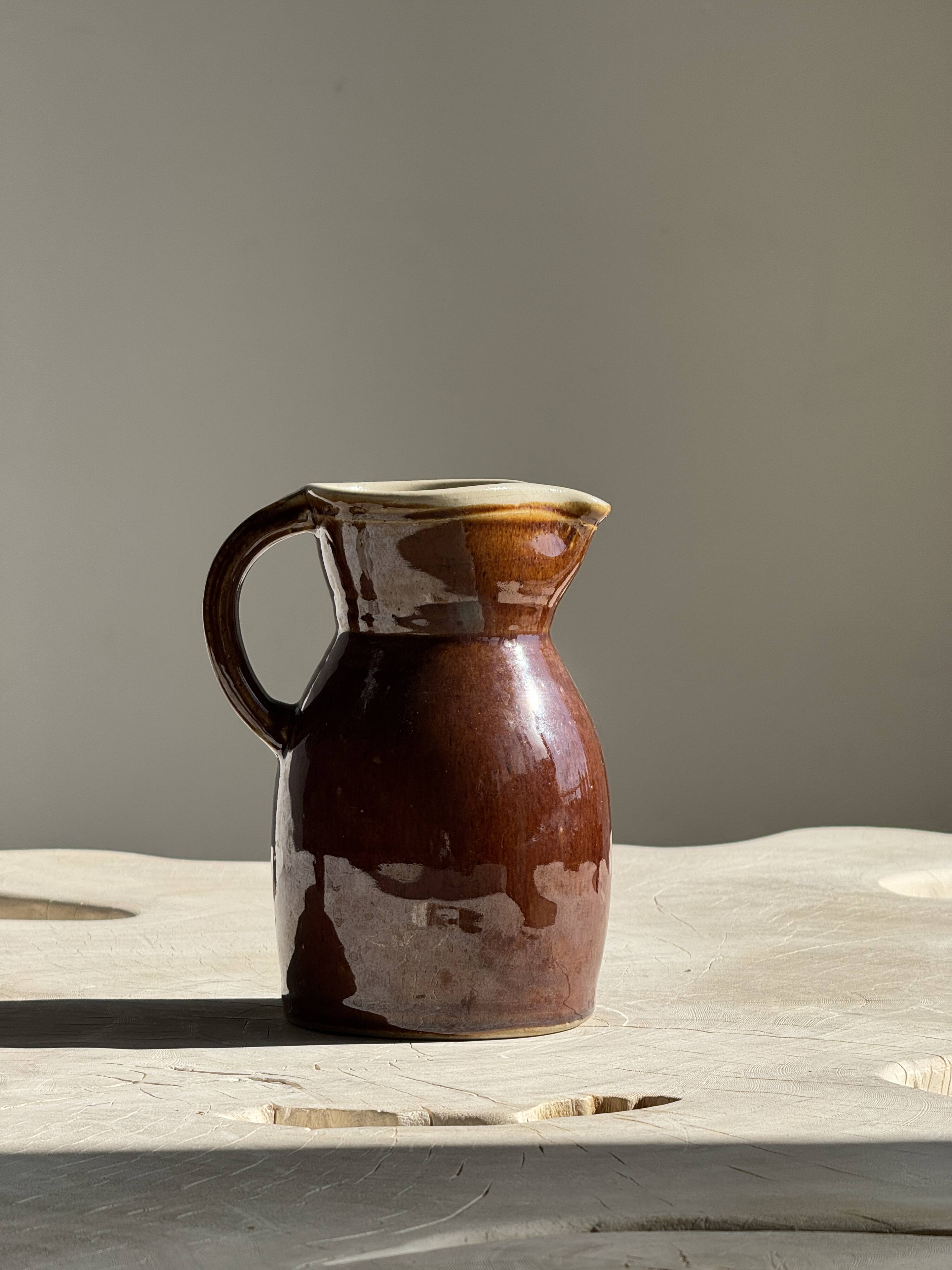 Large brown glazed stoneware jug Grès du Berry Made in France H19