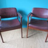Pair of armchairs in rosewood from Rio and plum leather, Denmark 1960