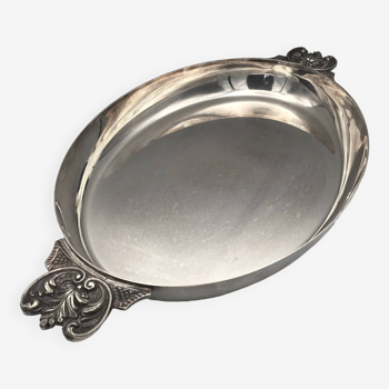 Oval dish in silver metal with ornate handles, art nouveau