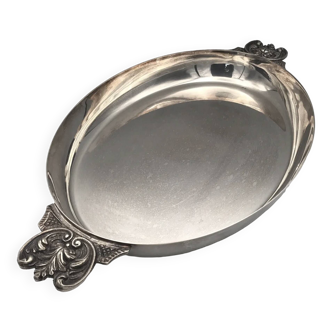 Oval dish in silver metal with ornate handles, art nouveau