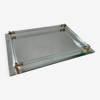 Vintage tray in glass, brass and beveled mirror 70s