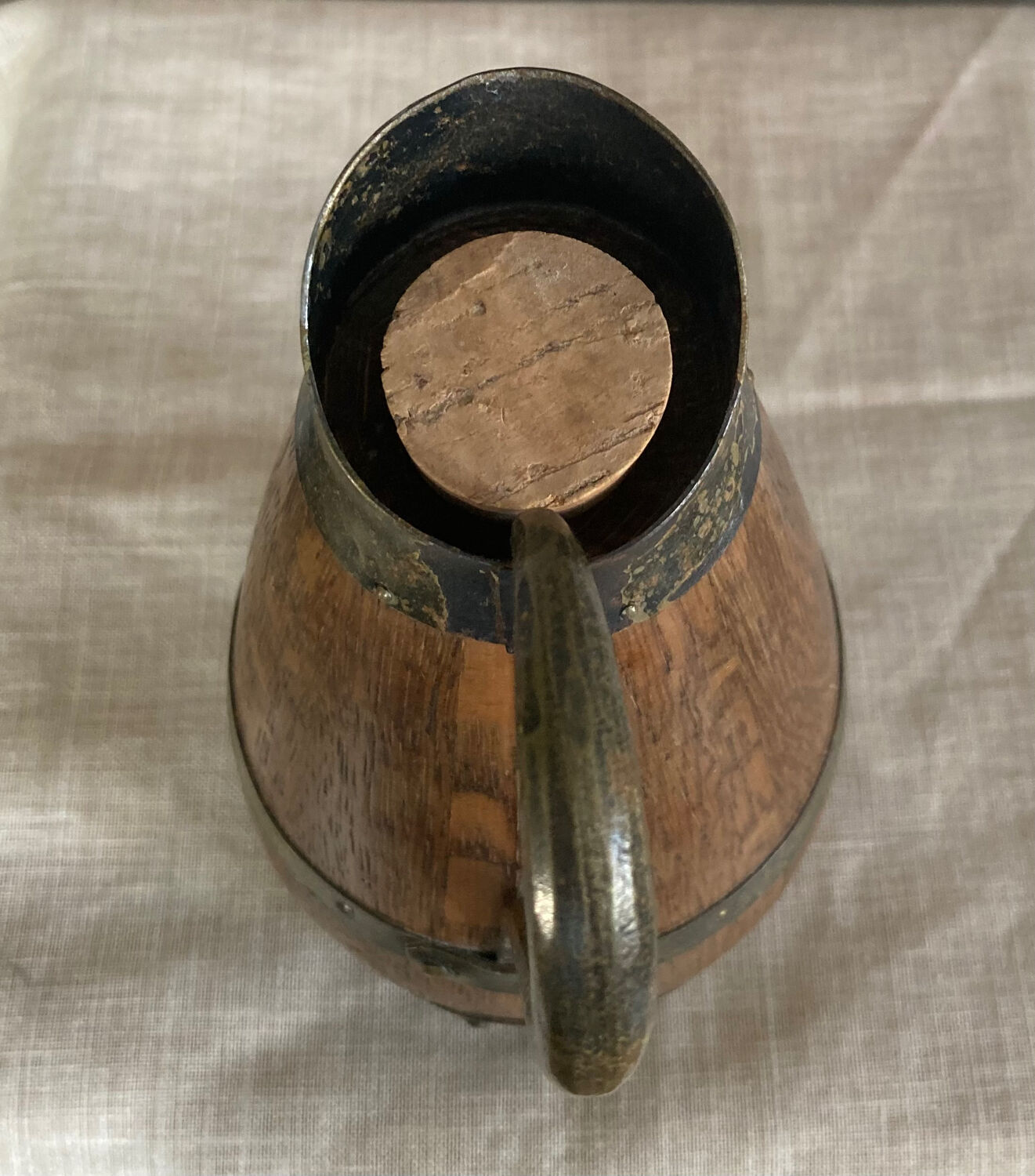 Beaune brandy pitcher in solid oak with brass rims 1970s