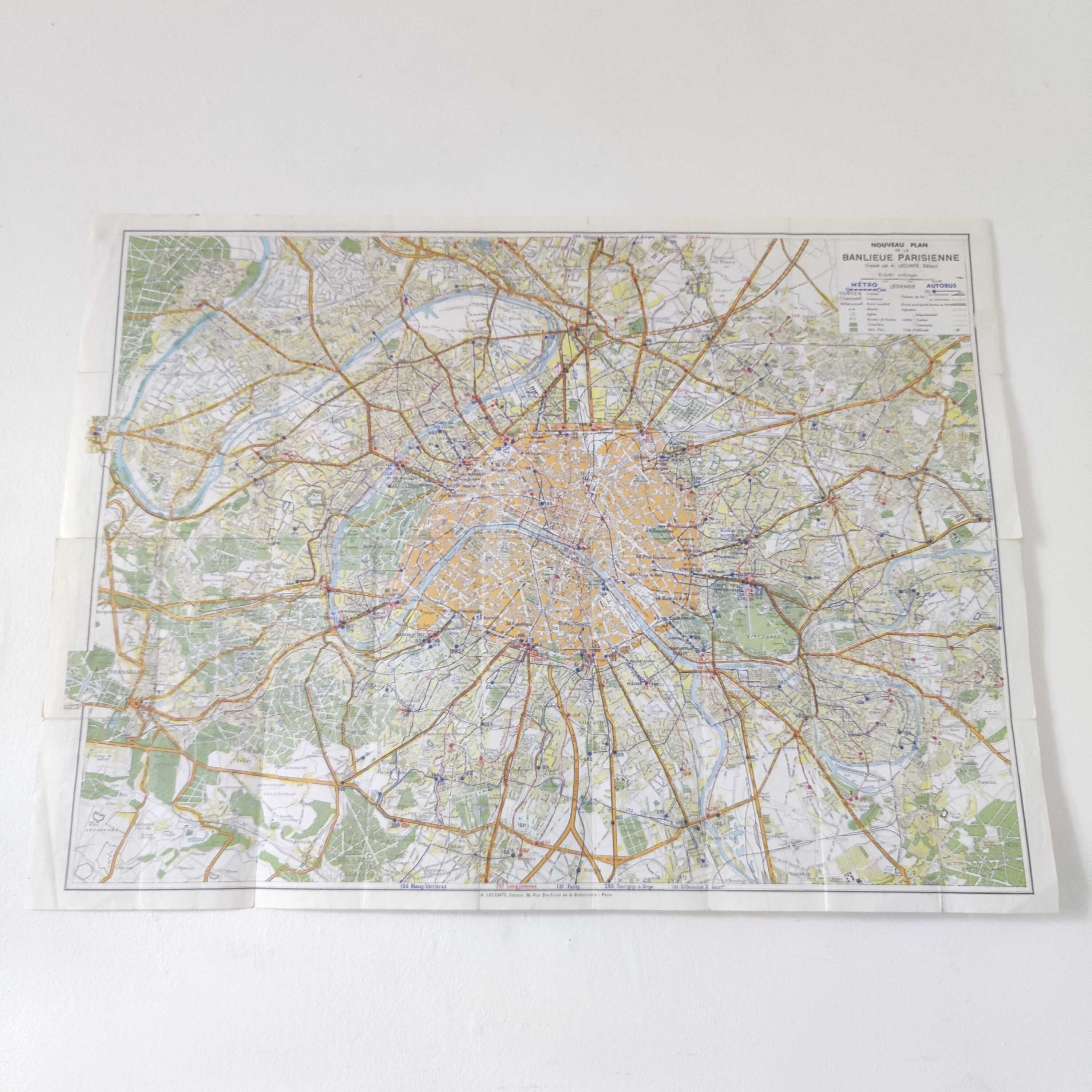 Vintage map 1970 Paris and its suburbs 75x55cm duplex