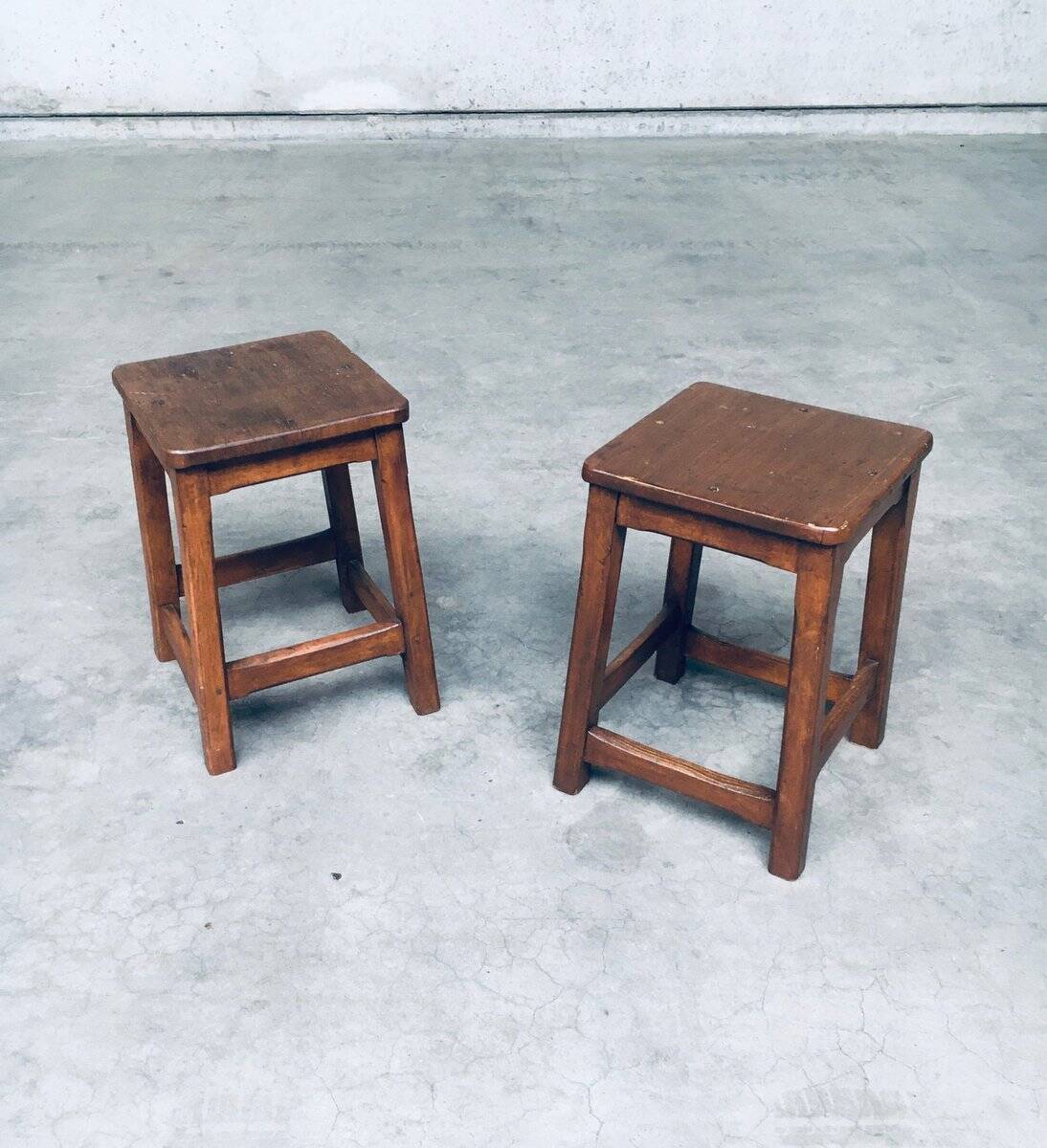 Set of Belgian Handcrafted Wooden Stools, 1940s