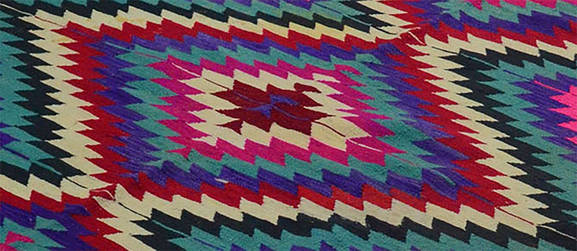 Turkish Kilim Yuruk Vintage 136x245 cm Geometric Pink Green Purple