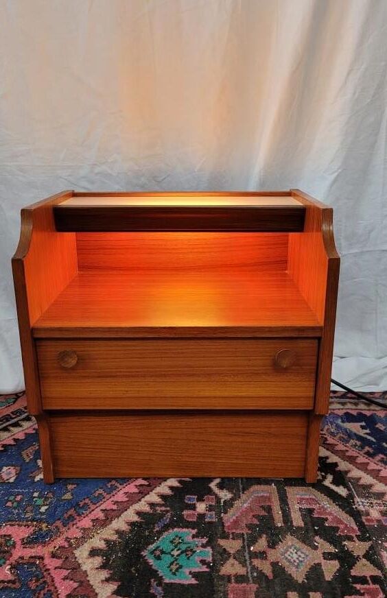 Bedside wood veneered teak, illuminating, 70s