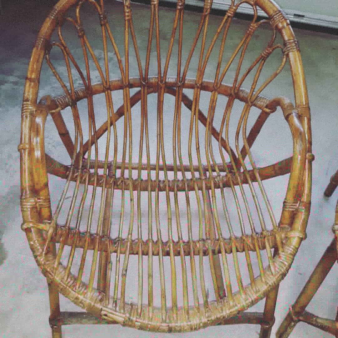 Pair of rattan armchairs and table