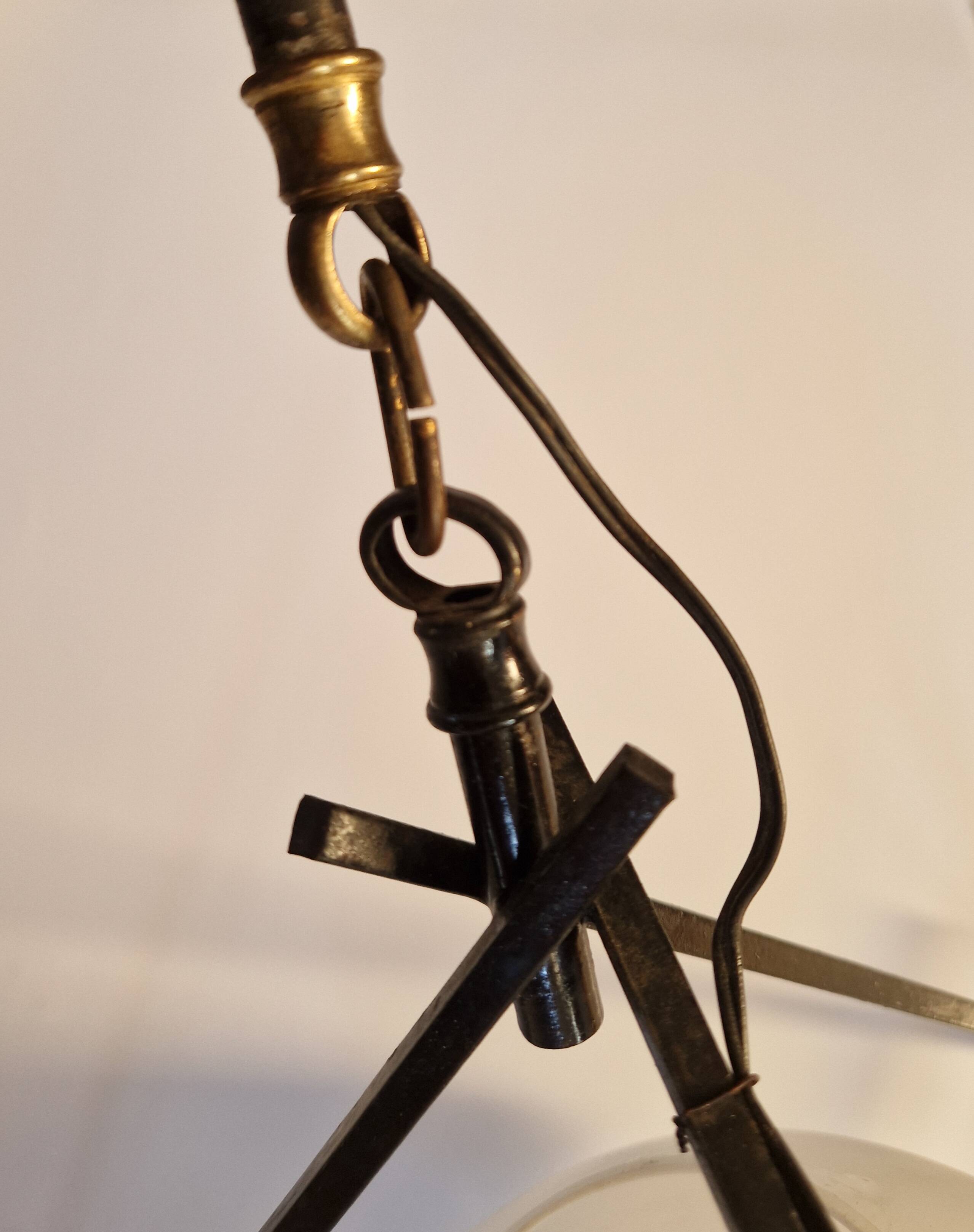 Opaline and metal triangular pendant light from Maison Lunel, 1950