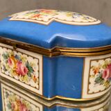 Domed porcelain box polychrome floral decoration on blue background brand Sèvres