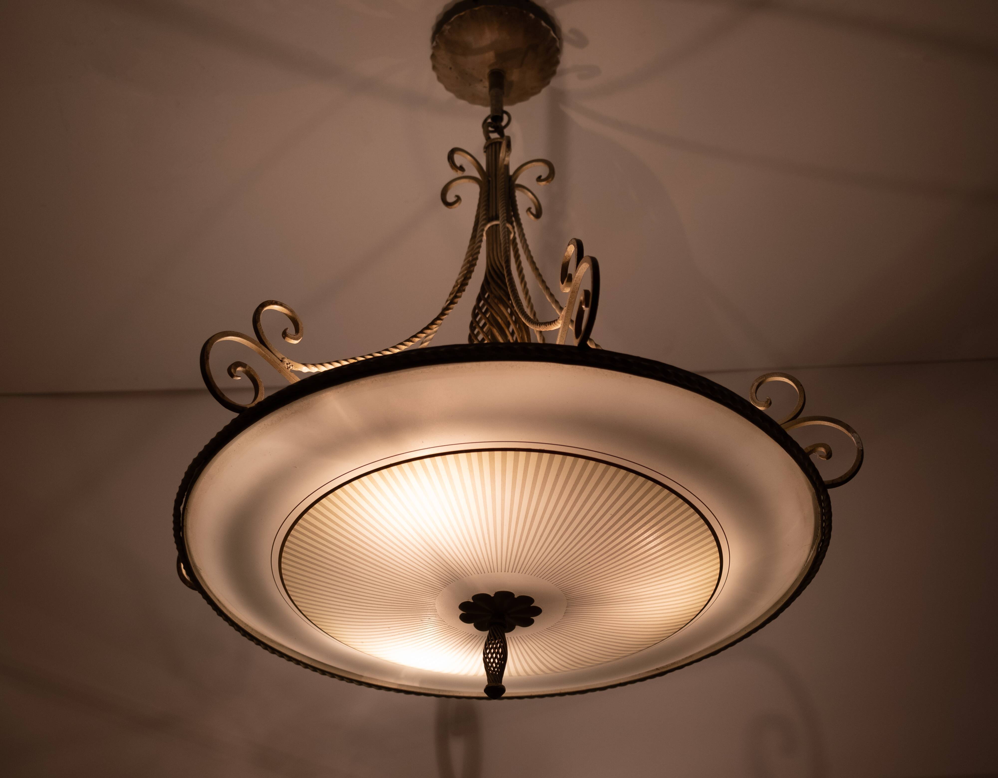 Wrought Iron Glass France Chandelier 1950s