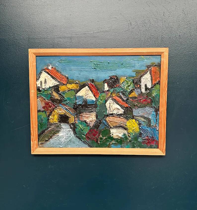 Original Swedish Oil on Panel – "Village Scene (Thick Impasto)" – Signed – Vintage and Framed