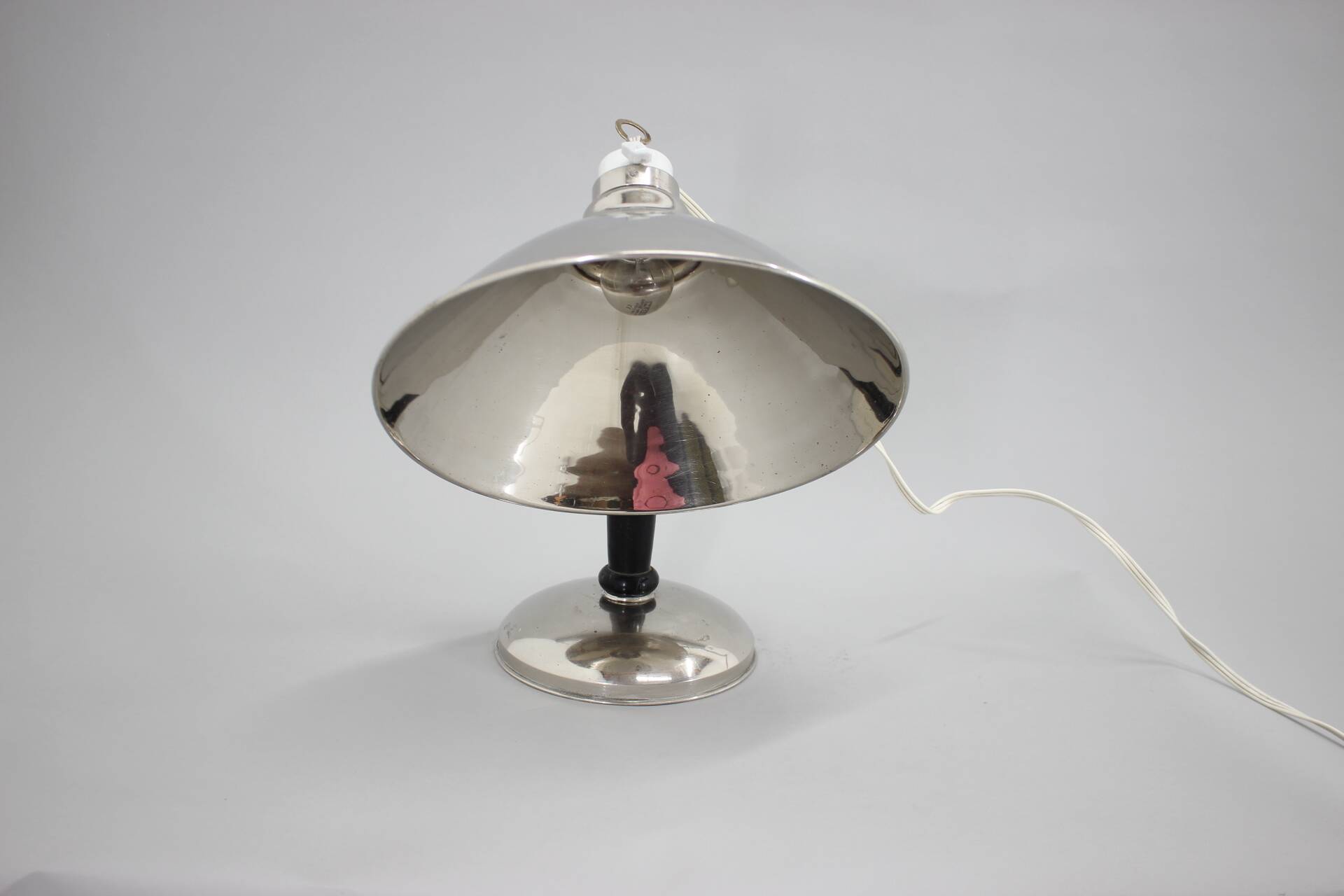 1950s Industrial Chrome & Wood Table Lamp with Ceramic Switch, Czechoslovakia