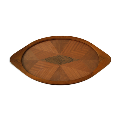 Plateau ovale en bois verre et marqueterie artisanal 70's