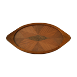 Oval wooden tray with glass and artisanal marquetry from the 70s.
