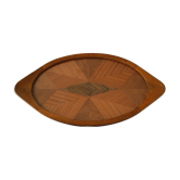 Oval wooden tray with glass and artisanal marquetry from the 70s.