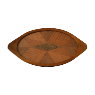 Oval tray in wood, glass and artisanal marquetry from the 70s