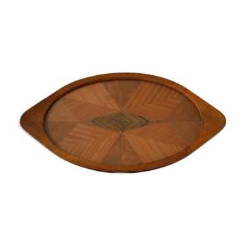 Oval wooden tray with glass and artisanal marquetry from the 70s.