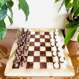 Vintage brown and white alabaster chess board hand carved pieces
