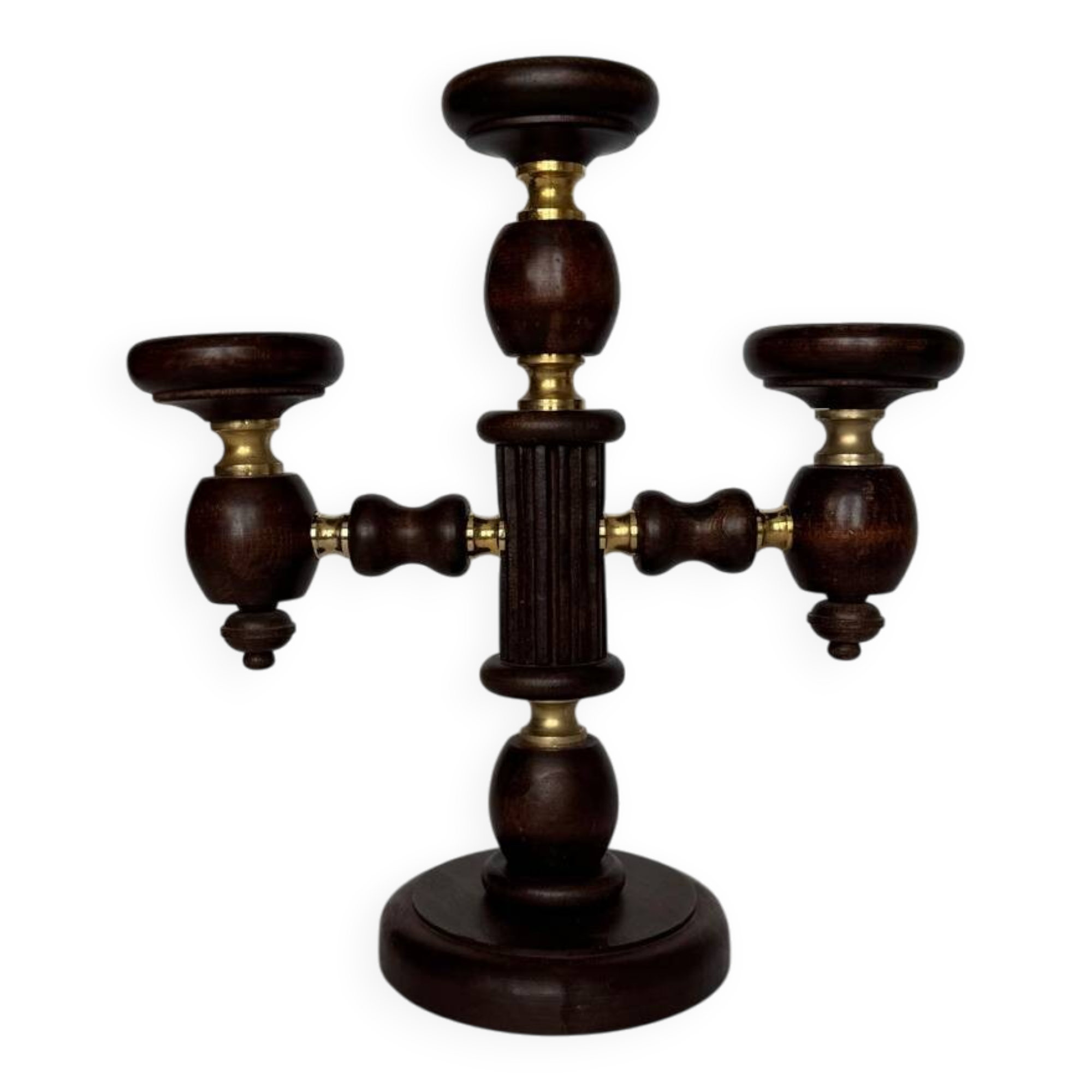 Vintage brutalist wooden candelabrum with gold hardware.