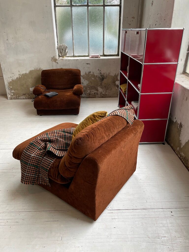 Pair 70s brown velvet armchairs