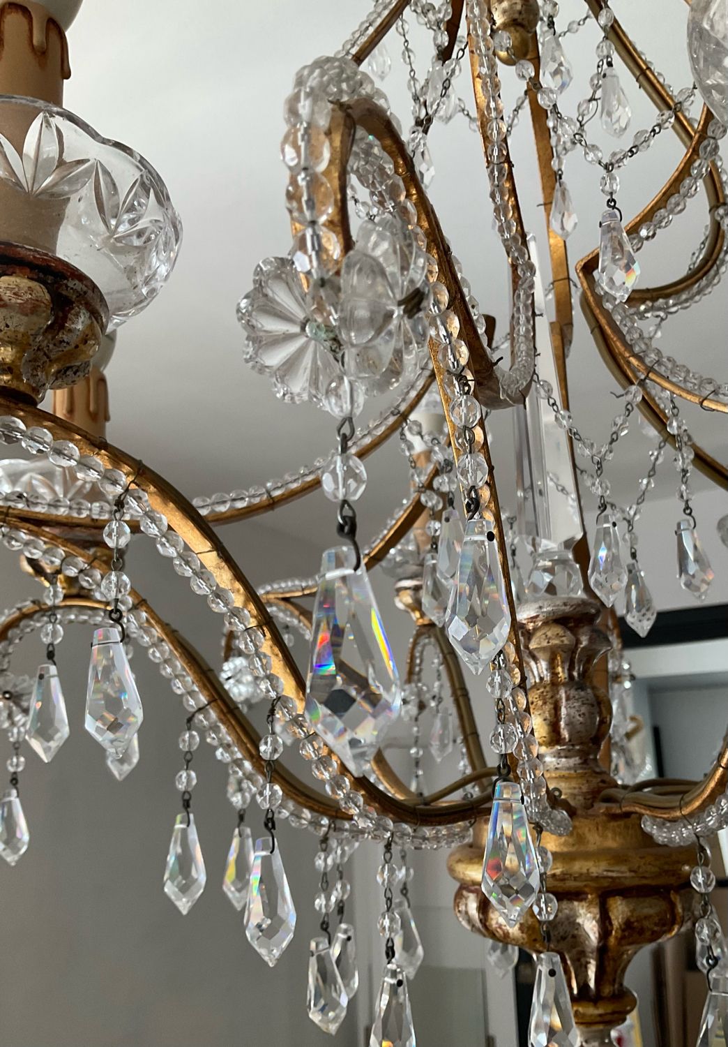 Old Venetian chandelier with Bohemian crystal tassels and gilded wood