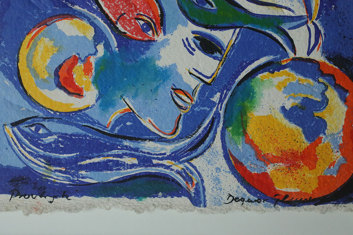 Colour lithograph, framed, Composition with fish and faces, Dagmar Glemme