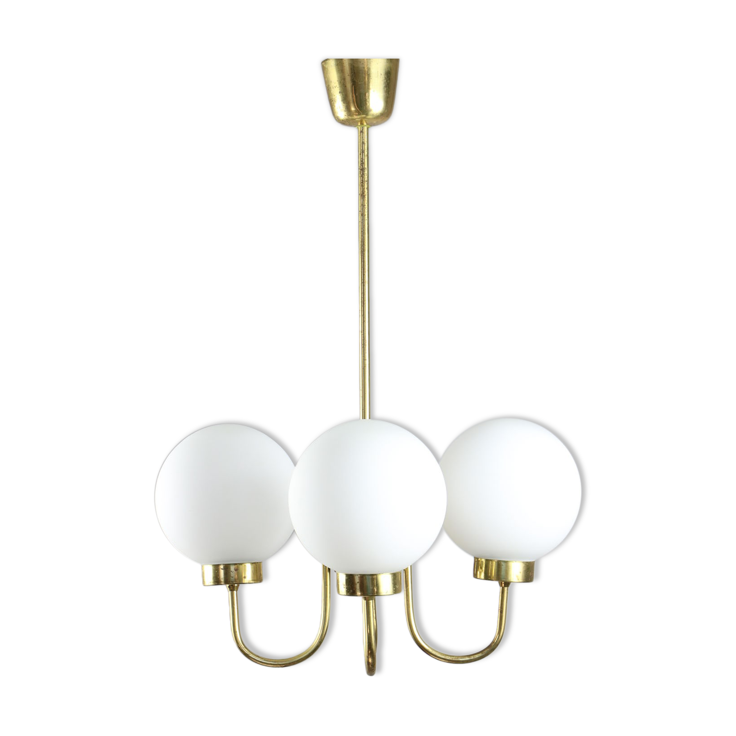 Mid-century brass and opaline glass chandelier