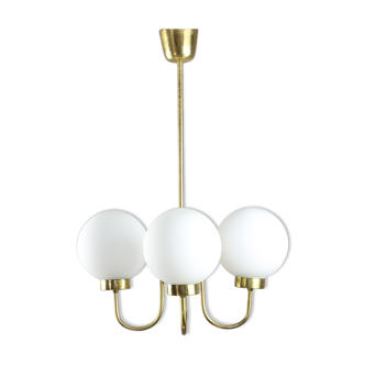 Mid-century brass and opaline glass chandelier