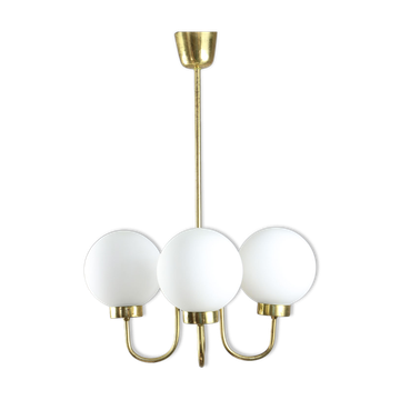 Mid-century brass and opaline glass chandelier