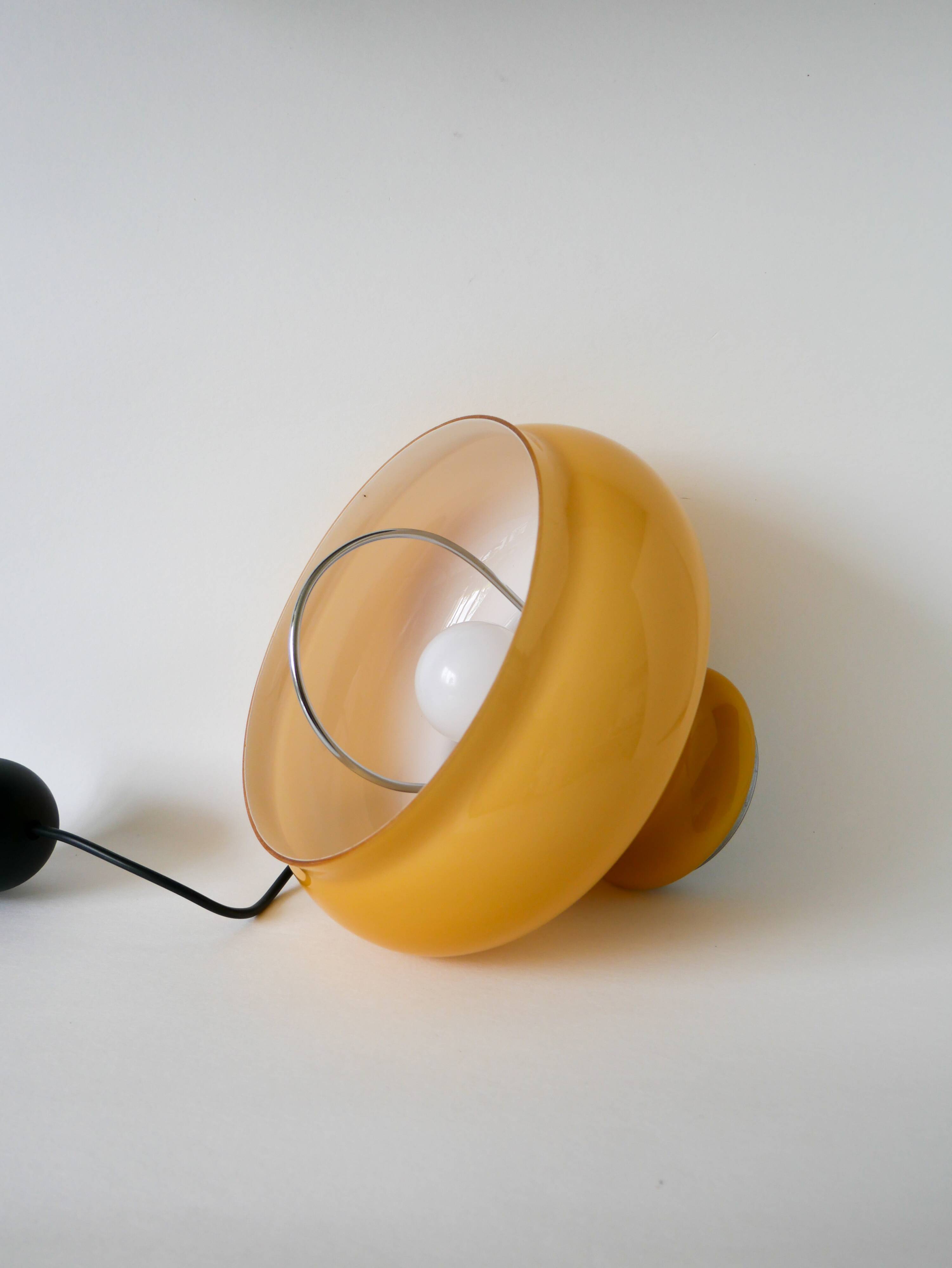 Yellow opaline pendant light with metal arc, Design, 1970