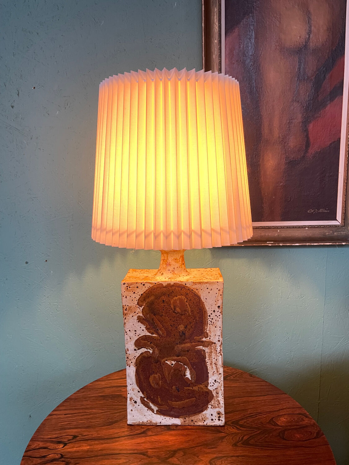 Danish Mid-Century Modern Pottery Table Lamp with Abstract Design 1975