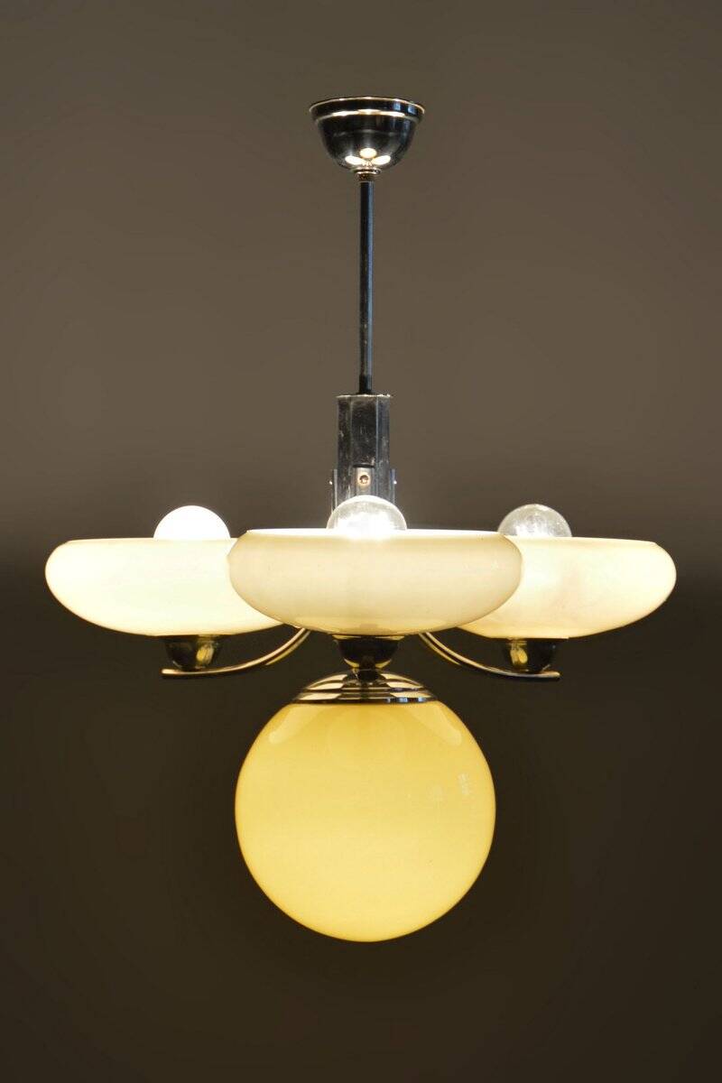 Art Deco Chandelier in Chrome-Plated Steel and Opal Glass, Czech, 1920s