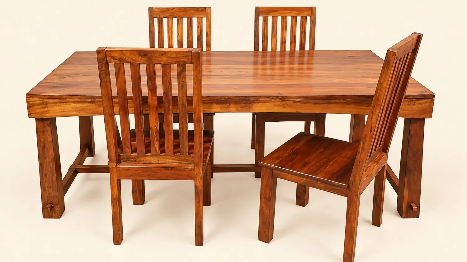 Dining table and 4 solid sheesham wood chairs in Arts & Crafts style.