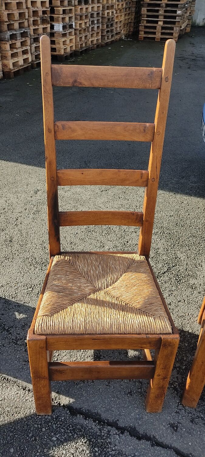 Ensemble de 4 chaises bois paille brutaliste